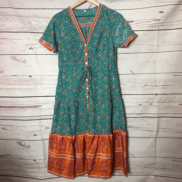 Prairie Blue Boho Floral Print Midi Dress